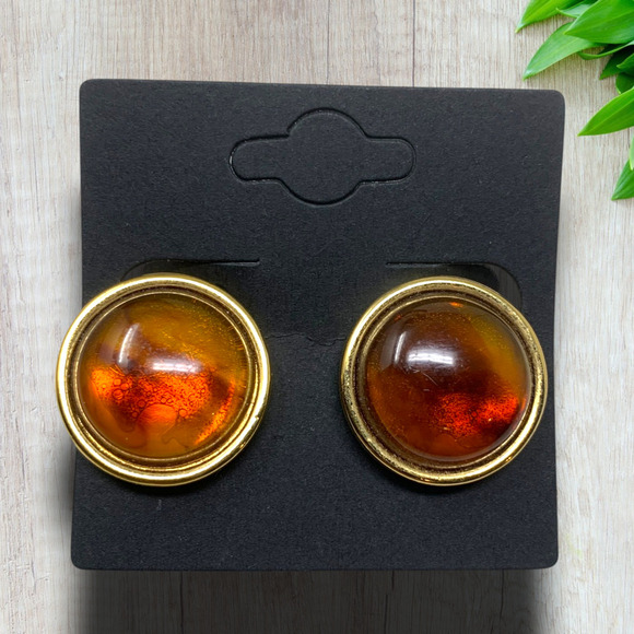 Vintage 1980's Monet Amber Cabochon Domed Button Earrings Modernist Couture - Picture 6 of 6